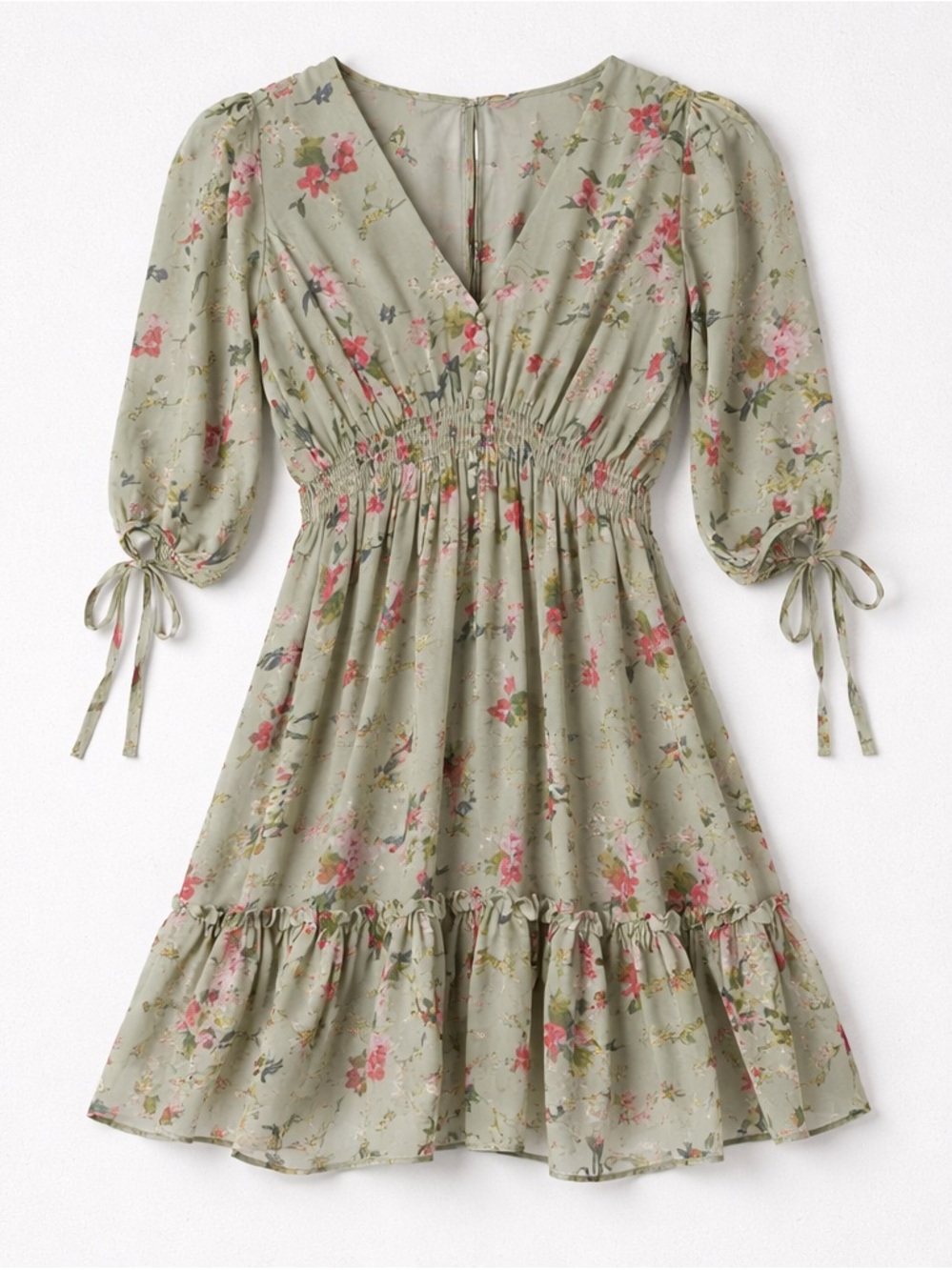 Taylor Sheer 3/4 Sleeve V-Neck Rusched Button Front Floral Lined Ruffle Dress - Picture 1 of 11